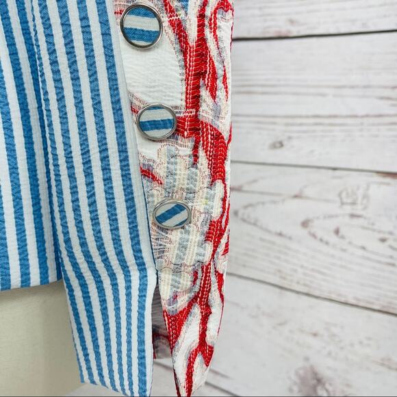 Alberto Makali open shoulder seersucker stripe blue white blazer - Picture 3 of 13